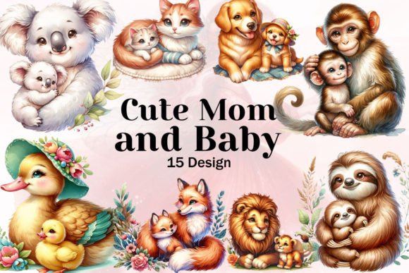 Adorable Design Assets: Cute Mom and Baby Animal Clipart PNG